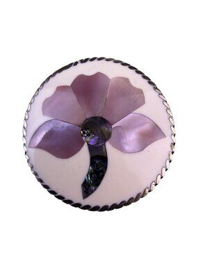 Vintage Pink & Silver Tone Mother-Of-Pearl Floral Round Brooch